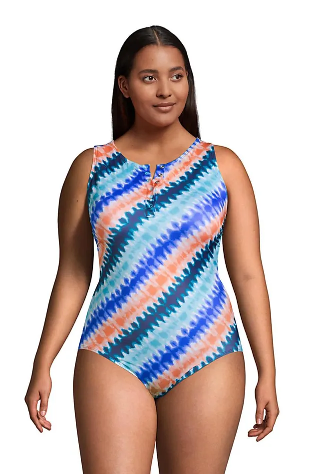 Lands039 End Swimsuits Women Plus Size Chlorine Resistant No Wire High Neck Snap Front One Piece Swimsuit Deep Sea Navy Bias Tie Dye