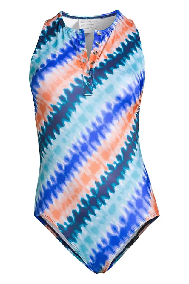 Lands039 End Swimsuits Women Plus Size Chlorine Resistant No Wire High Neck Snap Front One Piece Swimsuit Deep Sea Navy Bias Tie Dye