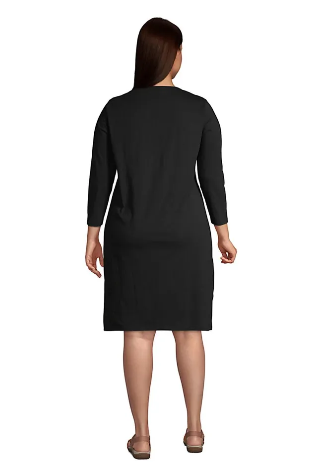 Lands039 End Swimsuits Women Plus Size Cotton Jersey Vneck 34 Sleeve Swim Coverup Dress Black