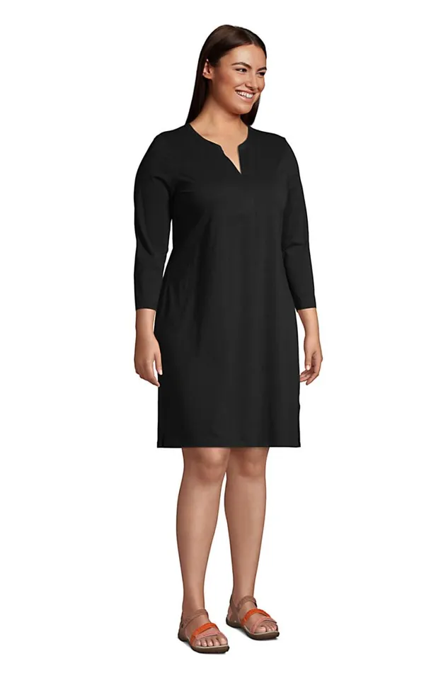 Lands039 End Swimsuits Women Plus Size Cotton Jersey Vneck 34 Sleeve Swim Coverup Dress Black