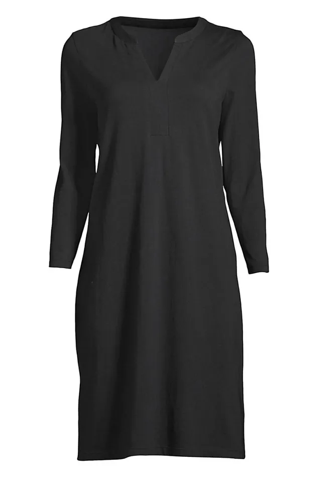 Lands039 End Swimsuits Women Plus Size Cotton Jersey Vneck 34 Sleeve Swim Coverup Dress Black