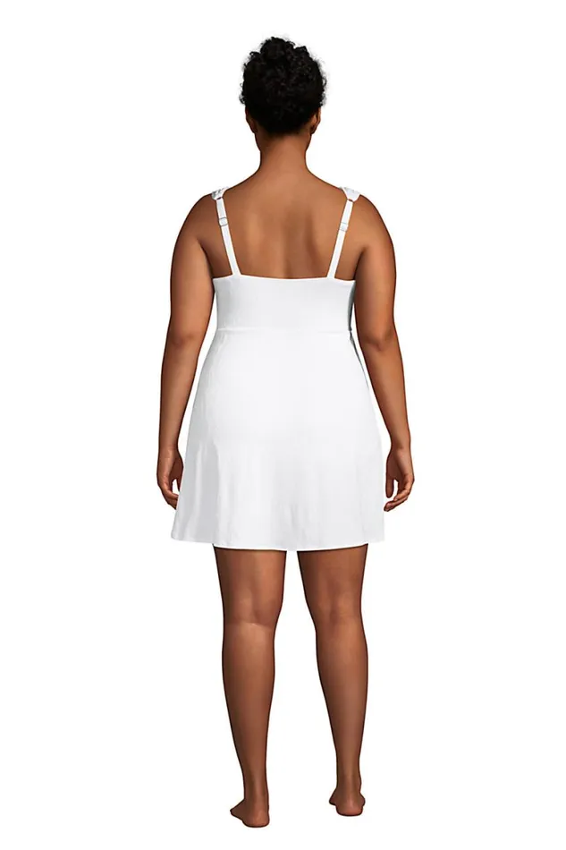 Lands039 End Swimsuits Women Plus Size Paisley Chlorine Resistant Tummy Control Wrap Swim Dress One Piece Swimsuit White