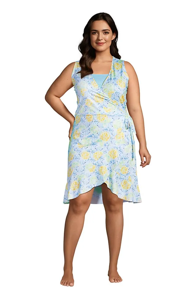 Lands039 End Swimsuits Women Plus Size Ruffle Hem Sleeveless Swim Coverup Wrap Dress Classic Cobalt Citrus Geo