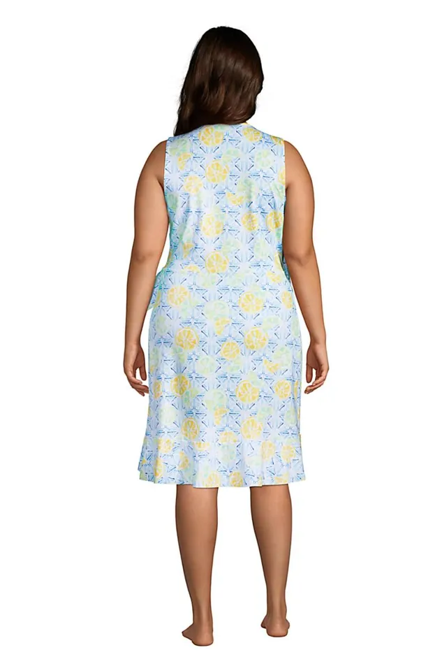 Lands039 End Swimsuits Women Plus Size Ruffle Hem Sleeveless Swim Coverup Wrap Dress Classic Cobalt Citrus Geo
