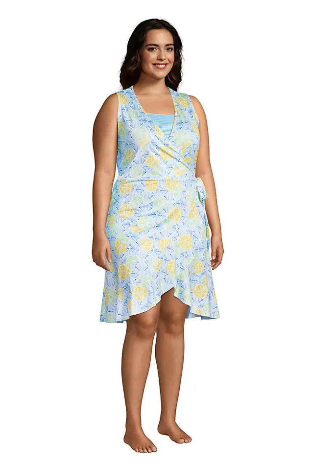 Lands039 End Swimsuits Women Plus Size Ruffle Hem Sleeveless Swim Coverup Wrap Dress Classic Cobalt Citrus Geo