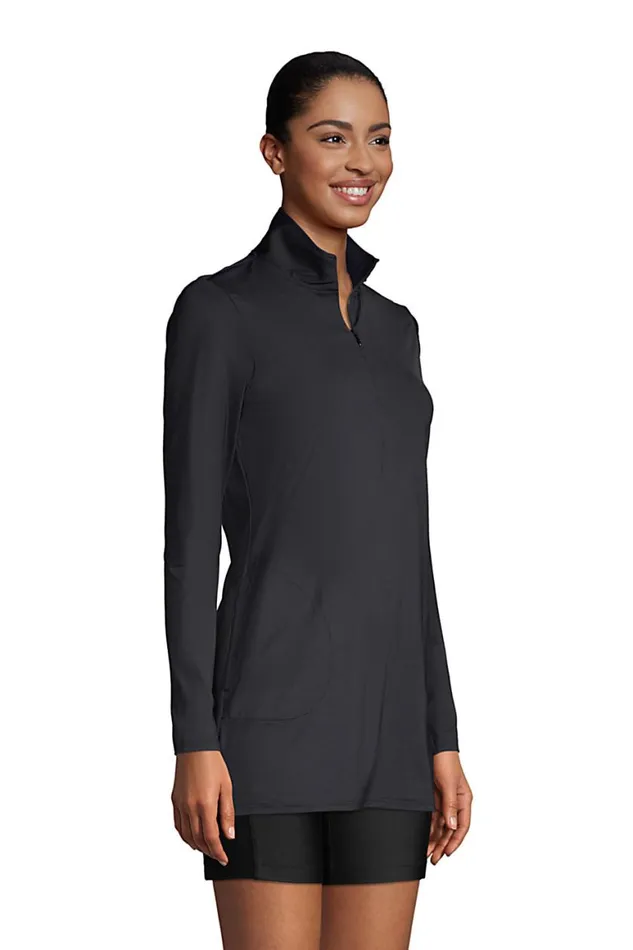 Lands039 End Swimsuits Women Quarter Zip Long Sleeve Tunic Rash Guard Coverup Upf 50 Sun Protection Black
