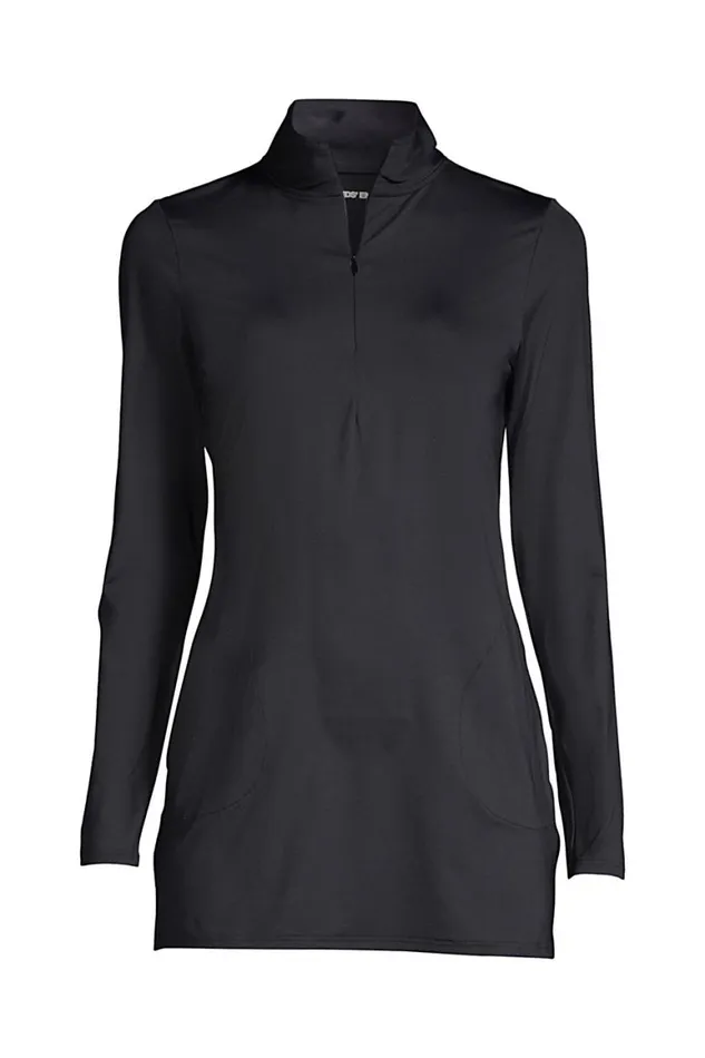 Lands039 End Swimsuits Women Quarter Zip Long Sleeve Tunic Rash Guard Coverup Upf 50 Sun Protection Black