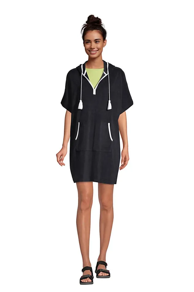 Lands039 End Swimsuits Women Terry Vneck Short Sleeve Hooded Swim Coverup Dress With Pocket Black Lands039 End Swimsuits Women Terry Vneck Short Sleeve Hooded Swim Coverup Dress With Pocket Black