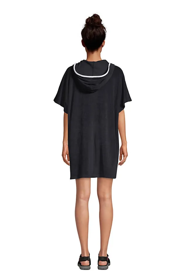 Lands039 End Swimsuits Women Terry Vneck Short Sleeve Hooded Swim Coverup Dress With Pocket Black