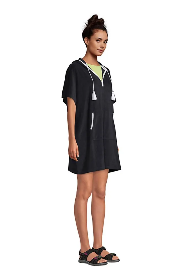 Lands039 End Swimsuits Women Terry Vneck Short Sleeve Hooded Swim Coverup Dress With Pocket Black