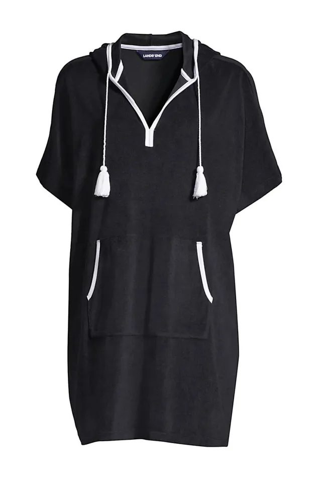 Lands039 End Swimsuits Women Terry Vneck Short Sleeve Hooded Swim Coverup Dress With Pocket Black