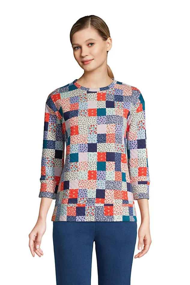 Lands039 End Tops and Tees Women 34 Sleeve Quilted Crew Neck Top Multi Patchwork Floral Lands039 End Tops and Tees Women 34 Sleeve Quilted Crew Neck Top Multi Patchwork Floral