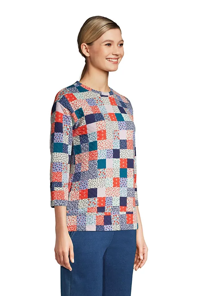 Lands039 End Tops and Tees Women 34 Sleeve Quilted Crew Neck Top Multi Patchwork Floral Lands039 End Tops and Tees Women 34 Sleeve Quilted Crew Neck Top Multi Patchwork Floral