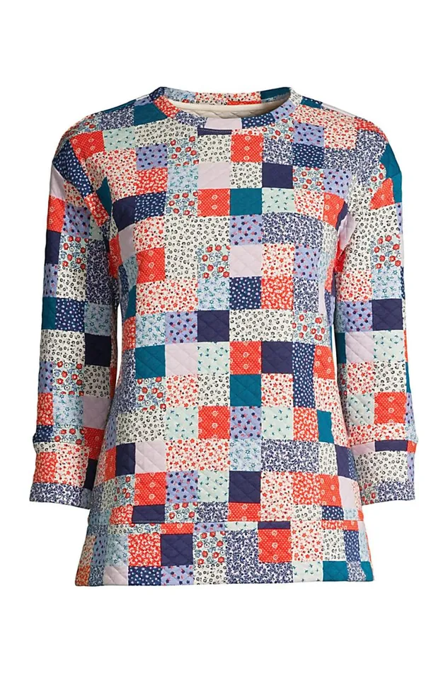 Lands039 End Tops and Tees Women 34 Sleeve Quilted Crew Neck Top Multi Patchwork Floral Lands039 End Tops and Tees Women 34 Sleeve Quilted Crew Neck Top Multi Patchwork Floral