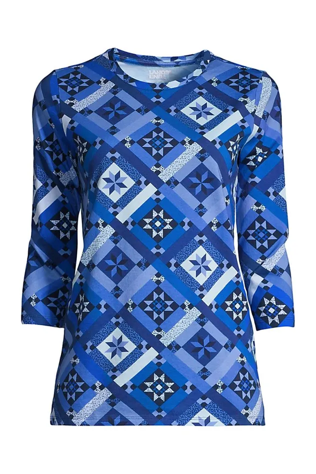 Lands039 End Tops and Tees Women 34 Sleeve Supima Cotton Crewneck Tunic Navy Prosperity Quilt