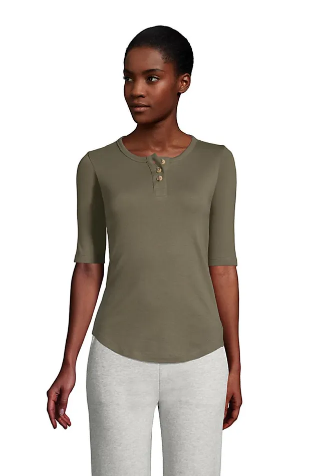 Lands039 End Tops and Tees Women All Cotton Elbow Sleeve Henley Tshirt Forest Moss Lands039 End Tops and Tees Women All Cotton Elbow Sleeve Henley Tshirt Forest Moss