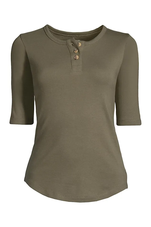 Lands039 End Tops and Tees Women All Cotton Elbow Sleeve Henley Tshirt Forest Moss Lands039 End Tops and Tees Women All Cotton Elbow Sleeve Henley Tshirt Forest Moss