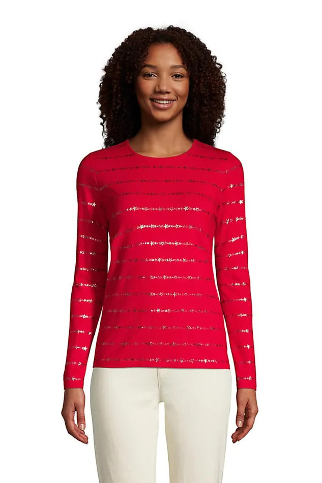 Lands039 End Tops and Tees Women Christmas Crewneck Long Sleeve Tshirt Graphic Rich Red Foil Star Stripes Lands039 End Tops and Tees Women Christmas Crewneck Long Sleeve Tshirt Graphic Rich Red Foil Star Stripes