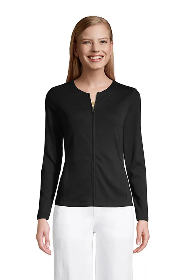 Lands039 End Tops and Tees Women Cotton Polyester Zip Crew Cardigan Black