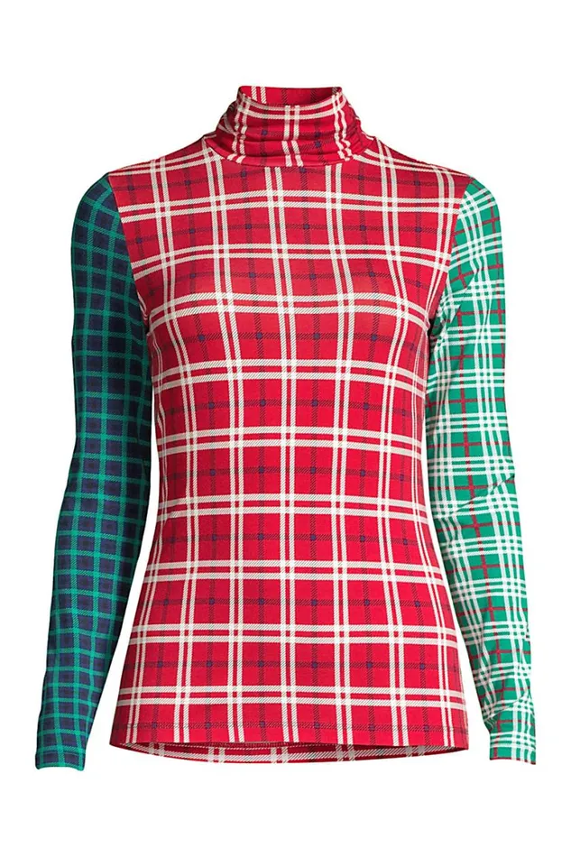 Lands039 End Tops and Tees Women Lightweight Fitted Long Sleeve Turtleneck Rich Red Plaid Print Mix