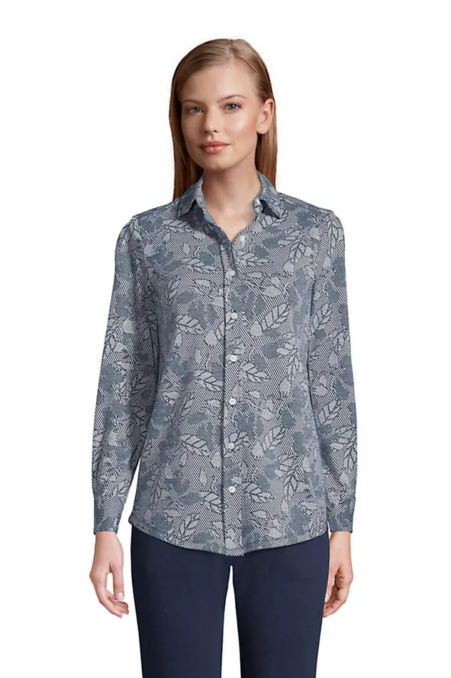 Lands039 End Tops and Tees Women Long Sleeve Sport Knit Button Front Tunic Deep Sea Navy Chevron Floral Lands039 End Tops and Tees Women Long Sleeve Sport Knit Button Front Tunic Deep Sea Navy Chevron Floral