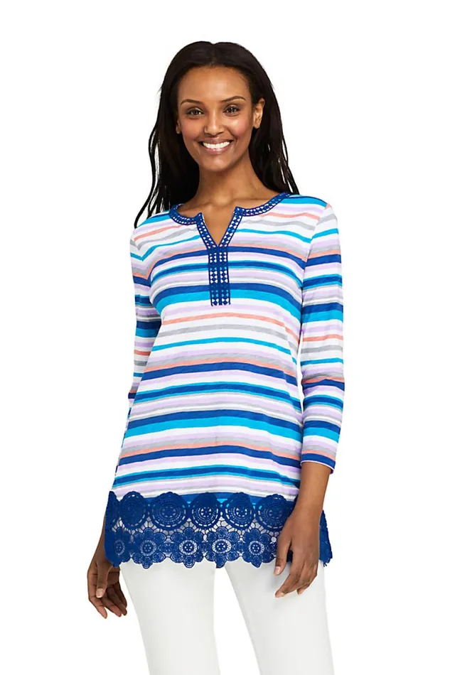 Lands039 End Tops and Tees Women Petite 34 Sleeve Crochet Hem Print Tunic Mazarine Blue Stripe Lands039 End Tops and Tees Women Petite 34 Sleeve Crochet Hem Print Tunic Mazarine Blue Stripe