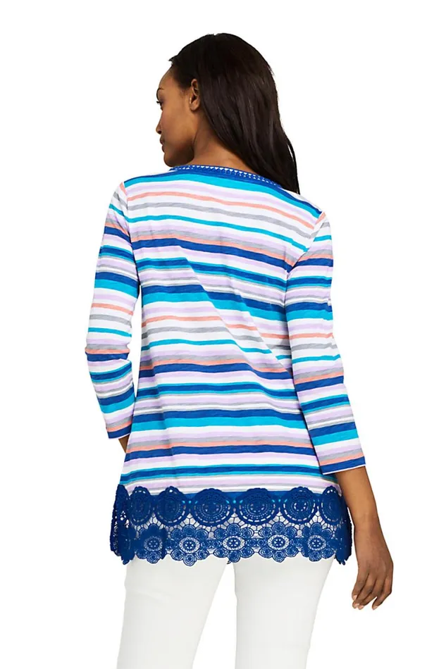 Lands039 End Tops and Tees Women Petite 34 Sleeve Crochet Hem Print Tunic Mazarine Blue Stripe Lands039 End Tops and Tees Women Petite 34 Sleeve Crochet Hem Print Tunic Mazarine Blue Stripe