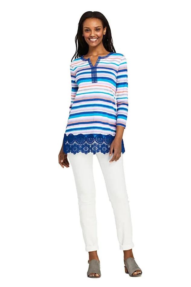 Lands039 End Tops and Tees Women Petite 34 Sleeve Crochet Hem Print Tunic Mazarine Blue Stripe Lands039 End Tops and Tees Women Petite 34 Sleeve Crochet Hem Print Tunic Mazarine Blue Stripe