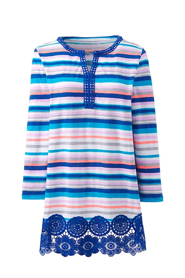 Lands039 End Tops and Tees Women Petite 34 Sleeve Crochet Hem Print Tunic Mazarine Blue Stripe Lands039 End Tops and Tees Women Petite 34 Sleeve Crochet Hem Print Tunic Mazarine Blue Stripe