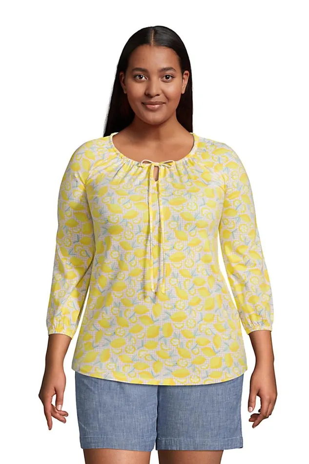 Lands039 End Tops and Tees Women Plus Size 34 Sleeve Peasant Tunic Bright Sun Yellow Lemon Check Lands039 End Tops and Tees Women Plus Size 34 Sleeve Peasant Tunic Bright Sun Yellow Lemon Check