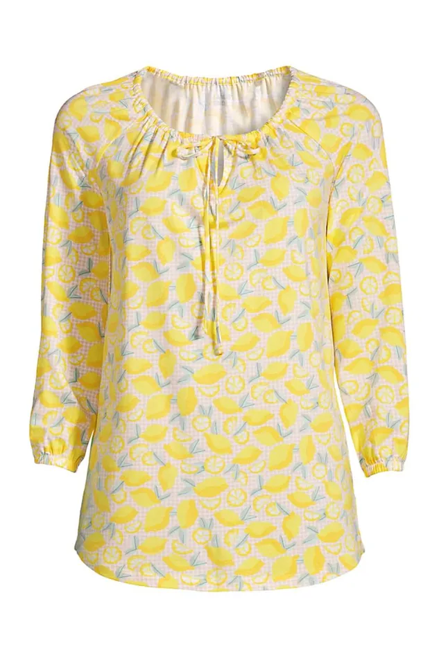 Lands039 End Tops and Tees Women Plus Size 34 Sleeve Peasant Tunic Bright Sun Yellow Lemon Check Lands039 End Tops and Tees Women Plus Size 34 Sleeve Peasant Tunic Bright Sun Yellow Lemon Check