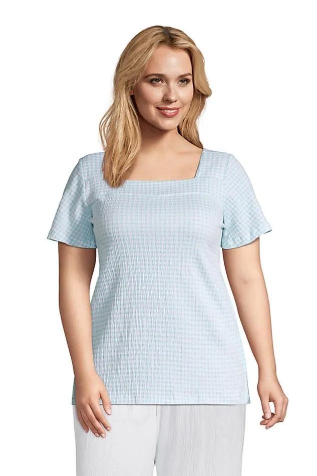 Lands039 End Tops and Tees Women Plus Size Short Sleeve Square Neck Crinkle Knit Tunic Light Blue Radiance Check