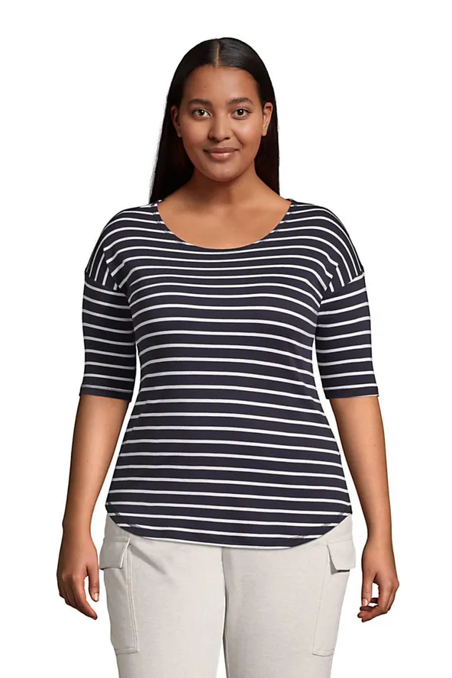 Lands039 End Tops and Tees Women Plus Size Supima Micro Modal Elbow Sleeve Balletneck Curved Hem Stripe Top True Navy Lands039 End Tops and Tees Women Plus Size Supima Micro Modal Elbow Sleeve Balletneck Curved Hem Stripe Top True Navy