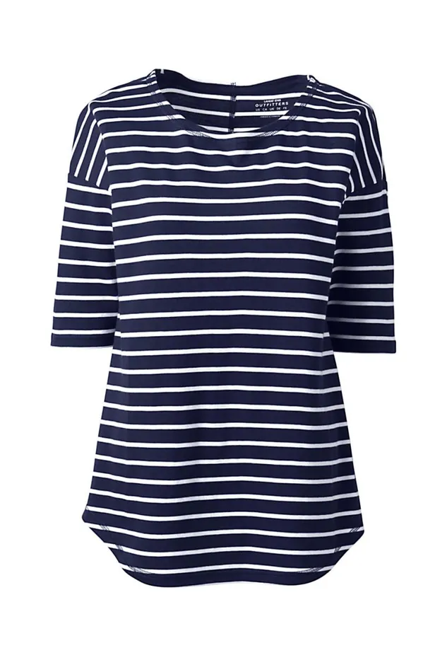 Lands039 End Tops and Tees Women Plus Size Supima Micro Modal Elbow Sleeve Balletneck Curved Hem Stripe Top True Navy Lands039 End Tops and Tees Women Plus Size Supima Micro Modal Elbow Sleeve Balletneck Curved Hem Stripe Top True Navy