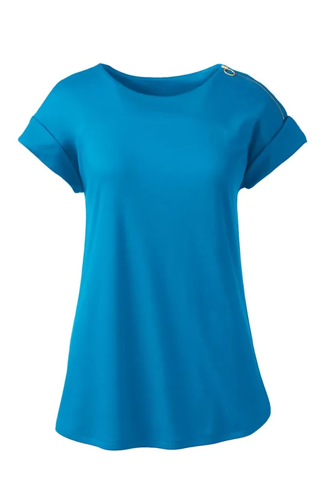 Lands039 End Tops and Tees Women Supima Micro Modal Roll Sleeve Zip Shoulder Top Siam Blue Lands039 End Tops and Tees Women Supima Micro Modal Roll Sleeve Zip Shoulder Top Siam Blue