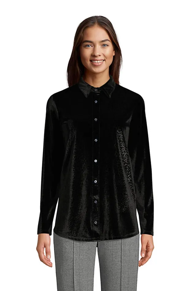 Lands039 End Tops and Tees Women Velvet Long Sleeve Button Down Tunic Black Embossed Leopard Lands039 End Tops and Tees Women Velvet Long Sleeve Button Down Tunic Black Embossed Leopard