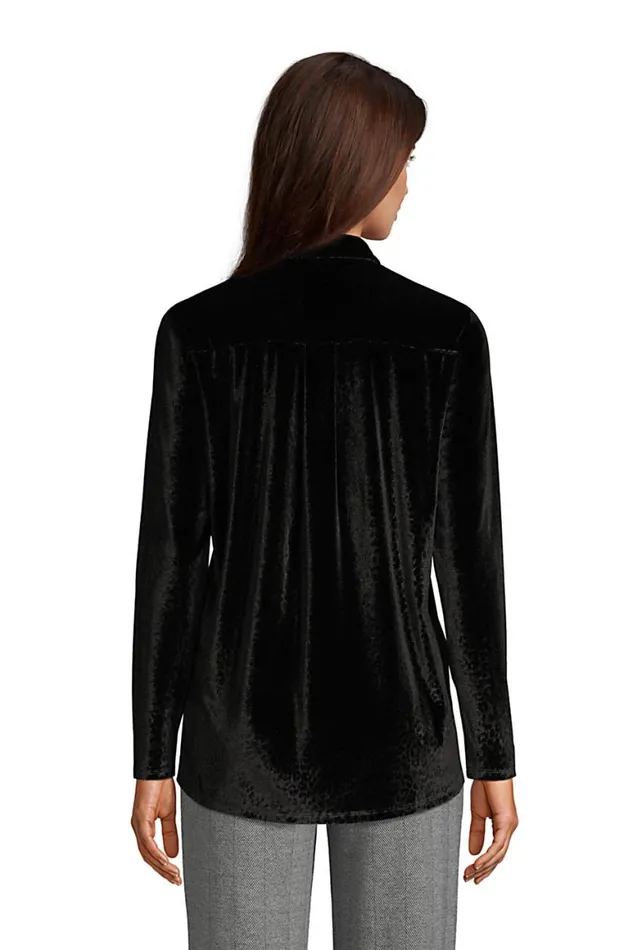 Lands039 End Tops and Tees Women Velvet Long Sleeve Button Down Tunic Black Embossed Leopard