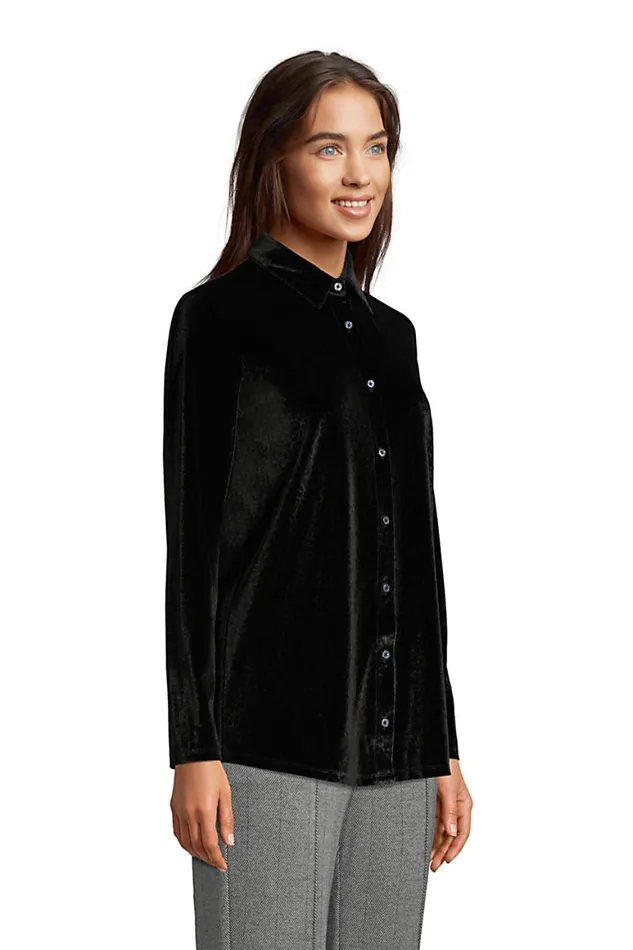 Lands039 End Tops and Tees Women Velvet Long Sleeve Button Down Tunic Black Embossed Leopard