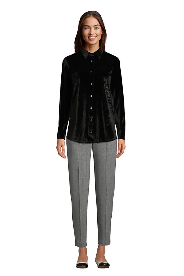 Lands039 End Tops and Tees Women Velvet Long Sleeve Button Down Tunic Black Embossed Leopard