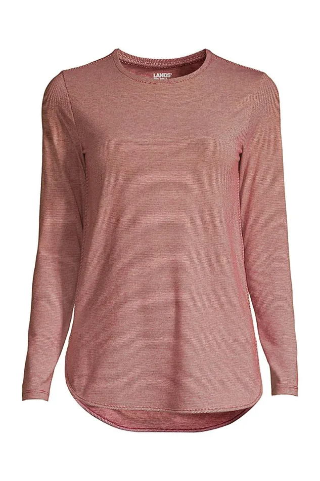 Lands039 End Tunic Tops Women Plus Size Moisture Wicking Upf 50 Sun Long Sleeve Curved Hem Tunic Top Rust Red Pinstripe