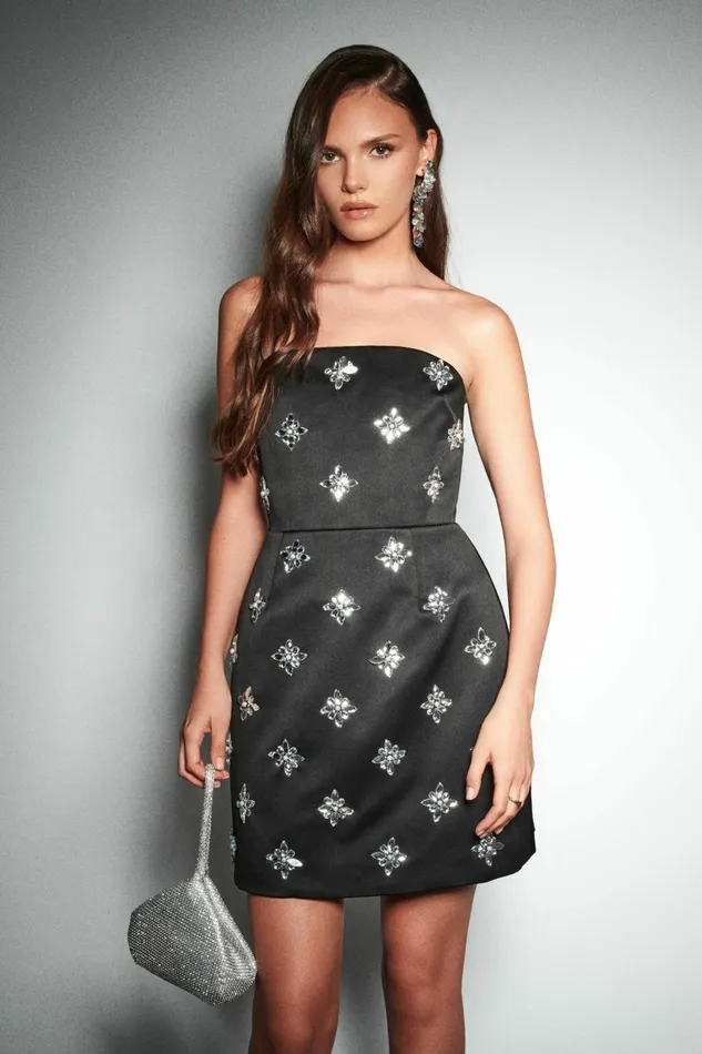 Lavish Alice ALine Dresses ANNABELLE Embellished Satin Mini Dress In Black Black 8211 Women