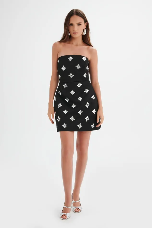 Lavish Alice ALine Dresses ANNABELLE Embellished Satin Mini Dress In Black Black 8211 Women