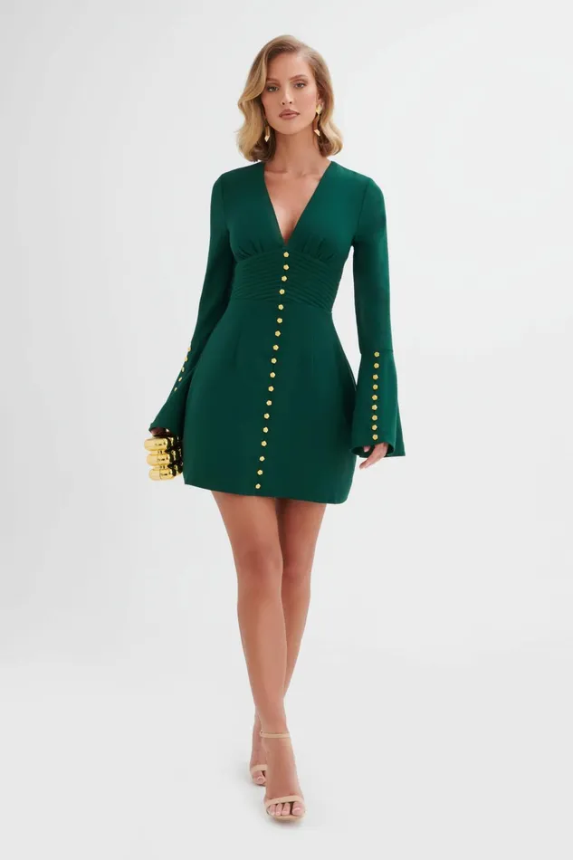 Lavish Alice ALine Dresses LARA Fluted Sleeve Rose Button Mini Dress In Emerald Green Emerald Green 8211 Women Lavish Alice ALine Dresses LARA Fluted Sleeve Rose Button Mini Dress In Emerald Green Emerald Green 8211 Women