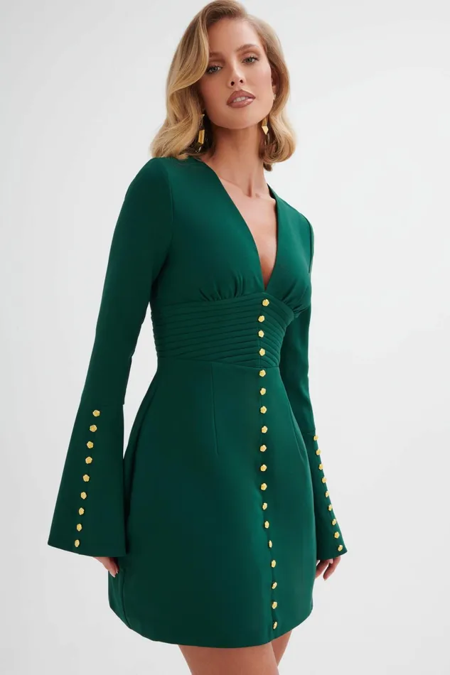 Lavish Alice ALine Dresses LARA Fluted Sleeve Rose Button Mini Dress In Emerald Green Emerald Green 8211 Women