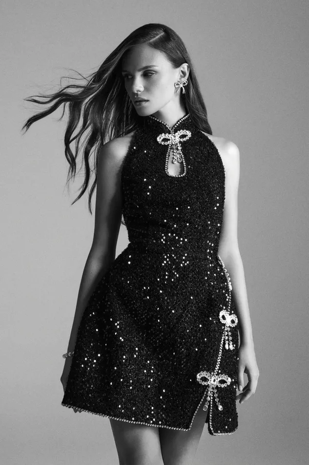Lavish Alice ALine Dresses SOLENE Sequin Boucle High Collar Mini Dress With Bow Embellishment In Black I Dress With Bow Embellishment In 8211 Women