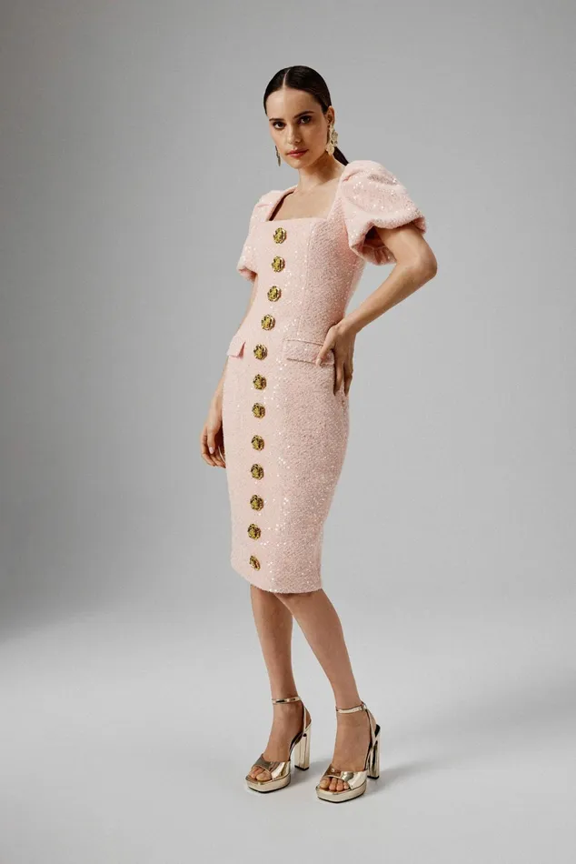 Lavish Alice Bodycon Dresses GABI Puff Sleeve Boucle Midi Dress With Rose Embellishment In Pink Light Pink 8211 Women Lavish Alice Bodycon Dresses GABI Puff Sleeve Boucle Midi Dress With Rose Embellishment In Pink Light Pink 8211 Women