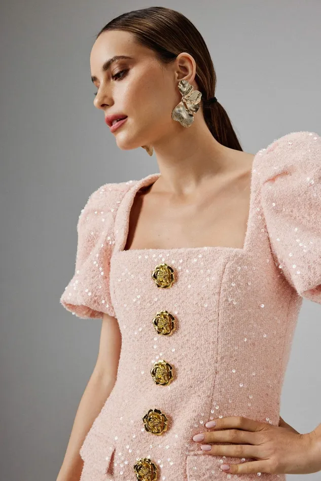 Lavish Alice Bodycon Dresses GABI Puff Sleeve Boucle Midi Dress With Rose Embellishment In Pink Light Pink 8211 Women