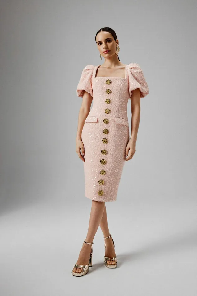 Lavish Alice Bodycon Dresses GABI Puff Sleeve Boucle Midi Dress With Rose Embellishment In Pink Light Pink 8211 Women