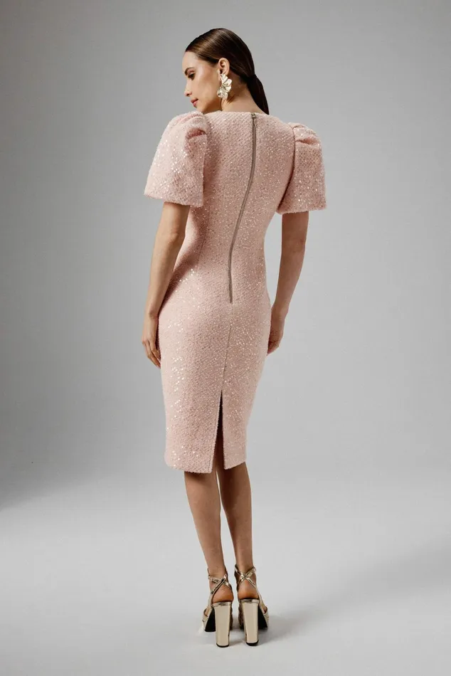 Lavish Alice Bodycon Dresses GABI Puff Sleeve Boucle Midi Dress With Rose Embellishment In Pink Light Pink 8211 Women