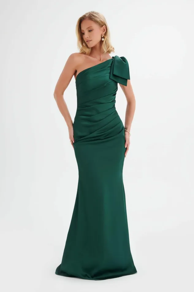 Lavish Alice Bow Dresses EMELIA One Shoulder Bow Pleated Maxi Dress In Emerald Green Emerald Green 8211 Women